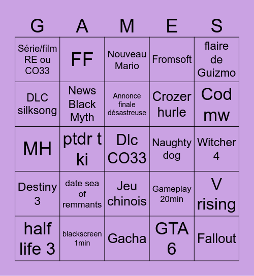 Glorp pétasse Bingo Card