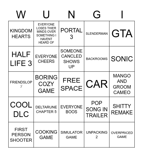 DUMMER GAMES BUNWO Bingo Card