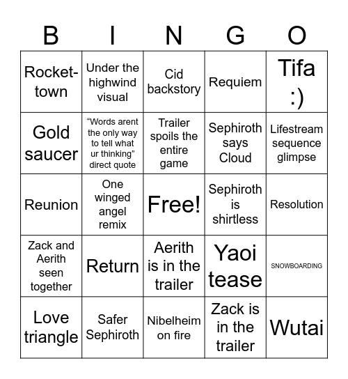 FFVII REMAKE TRAILER Bingo Card