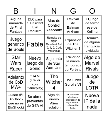 Summer Game Fest Bingo Card