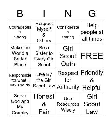 Girl Scout Oath and Law Bingo Card