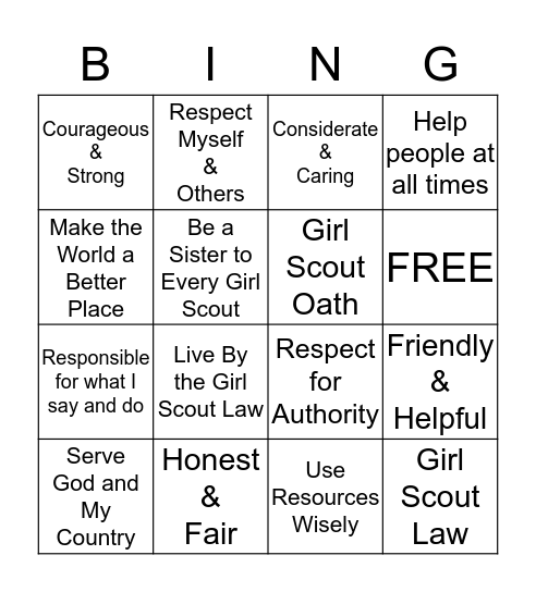 Girl Scout Oath and Law Bingo Card