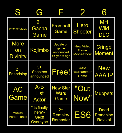 Summer Games Fest 2026 Bingo Card