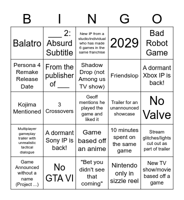 Summer Games Fest Bingo Card