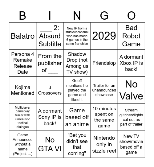Summer Games Fest Bingo Card