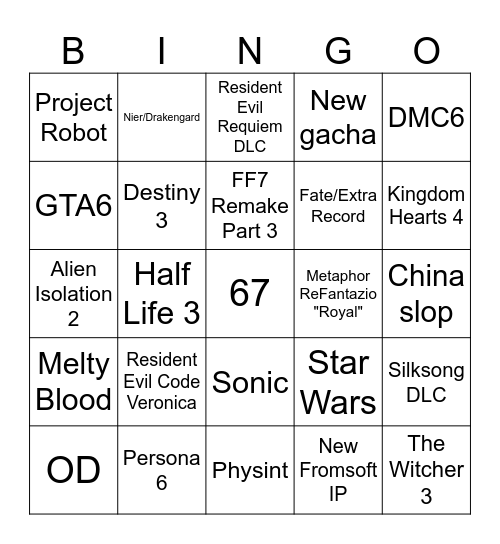 Summe Game Fest Bingo Card