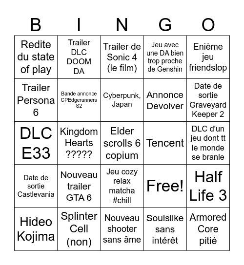 Summer Game Fest Bingo Card