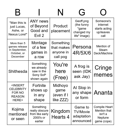 Summer Games Fest 2026 Bingo Card