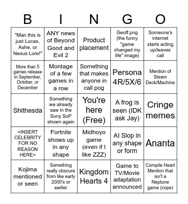 Summer Games Fest 2026 Bingo Card