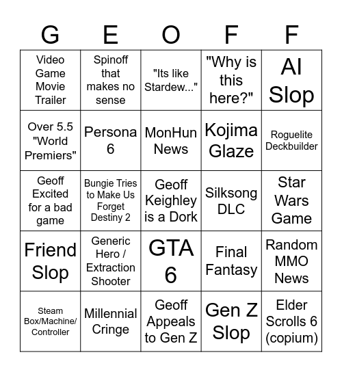 Game Awards Bingo Card