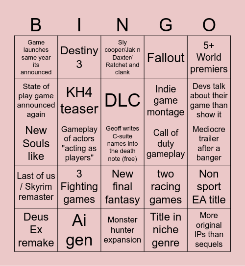 Games fest Bingo Card
