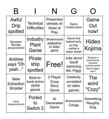Summer Game Fest 2026 Bingo Card