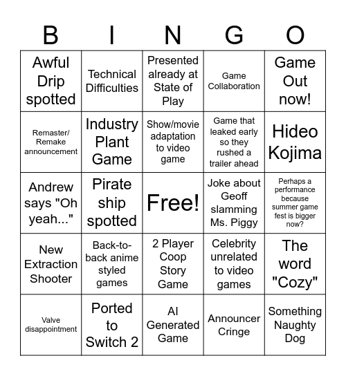 Summer Game Fest 2026 Bingo Card