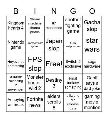 summer game fest bingo Card