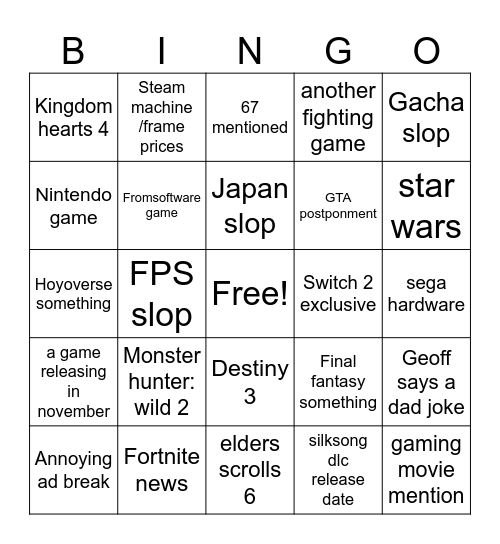 summer game fest bingo Card