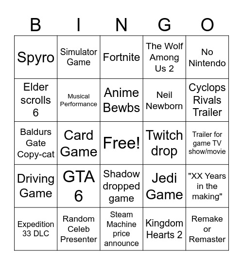 Summer Games Fest 2026 Bingo Card