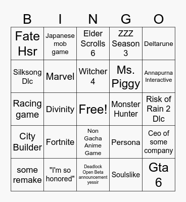 Summer Games Fest Bingo Card