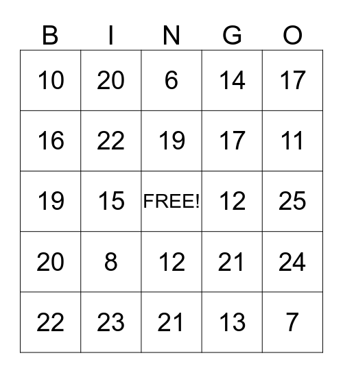Number Bingo Card