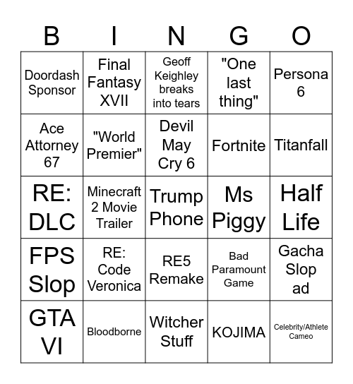 Summer Gamesfest Bingo Card