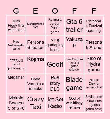 Summer Game Fest Copium Bingo Card