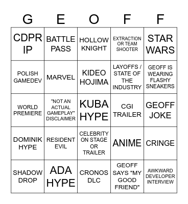 Hideo Kojima Bingo Card