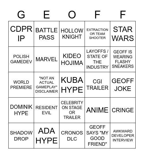 Hideo Kojima Bingo Card