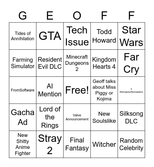 Summer Games Fest 2026 Bingo Card