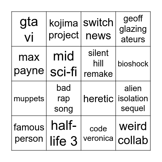 summer game fest Bingo Card