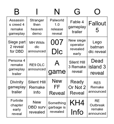 Summer Game Fest Cope Bingo Card