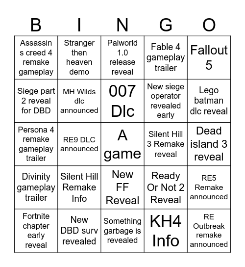 Summer Game Fest Cope Bingo Card