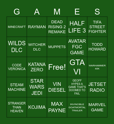GAMES Bingo Card