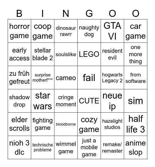 Summer Game Fest Bingo Card