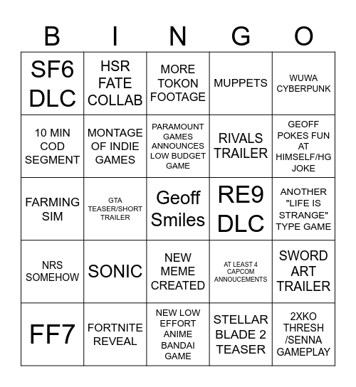 SGF 2026 Bingo Card