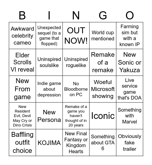 Summer Game Fest Bingo Card