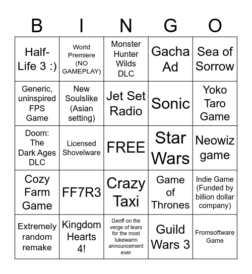 Summer Game Fest Bingo Card