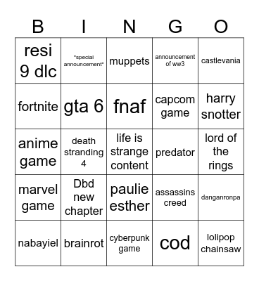 summer game fest Bingo Card