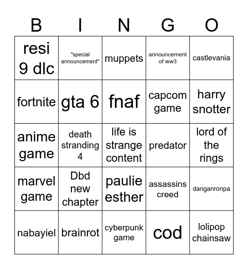 summer game fest Bingo Card