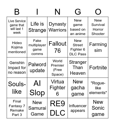 Game Awards Bingo Card