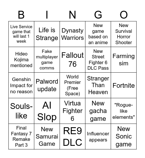 Game Awards Bingo Card