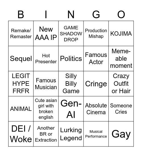 Summer Game Fest 2026 Bingo Card