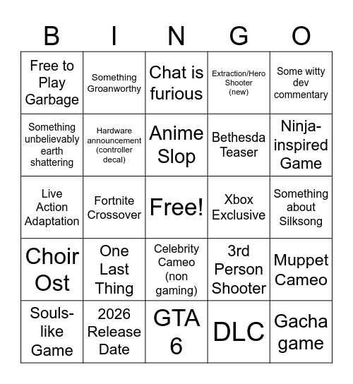 Summer Game Fest Bingo Card