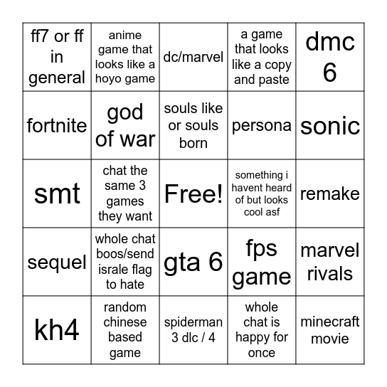 summer game fest bingo Card