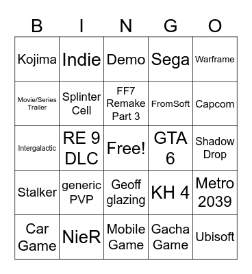 Summer Game Fest 26 Bingo Card
