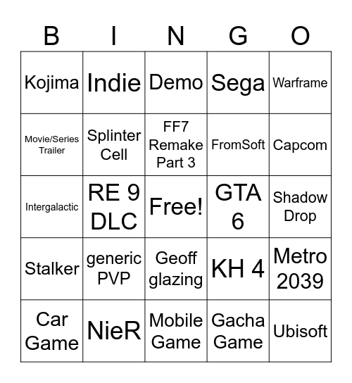 Summer Game Fest 26 Bingo Card