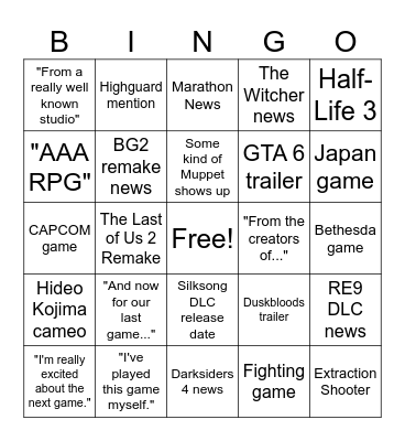 Summer Game Fest 26 Bingo Card