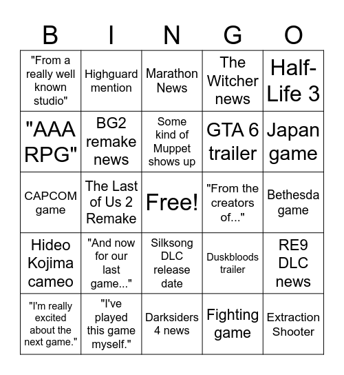 Summer Game Fest 26 Bingo Card