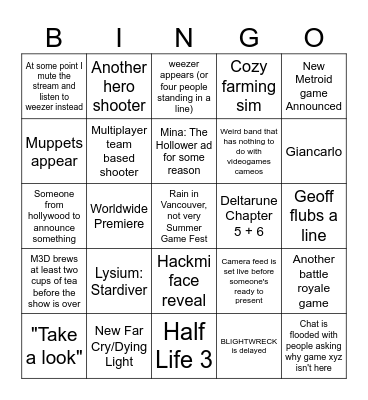 Summer The Game Awards Fest 2026 Bingo Card