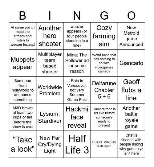 Summer The Game Awards Fest 2026 Bingo Card
