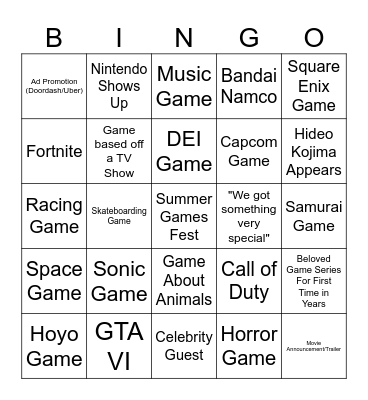 Summer Games Fest Bingo Card