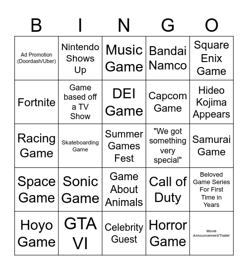 Summer Games Fest Bingo Card